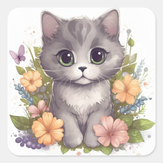 Niedlich Gray Kitty mit Blume Chibi Kawaii Quadratischer Aufkleber (Vorderseite)
