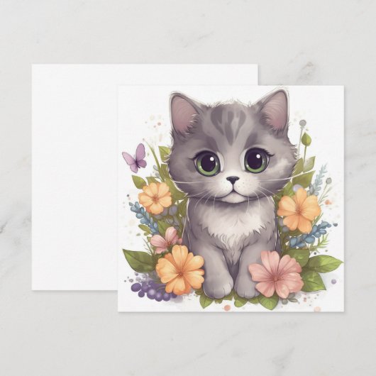 Niedlich Gray Kitty mit Blume Kawaii Chibi (Vorne/Hinten)