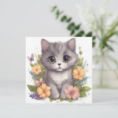Niedlich Gray Kitty mit Blume Kawaii Chibi (Stehend Vorderseite)