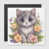 Niedlich Gray Kitty mit Blume Kawaii Chibi Magnetkarte (Vorne/Hinten)