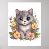 Niedlich Gray Kitty mit Blume Kawaii Chibi Poster (Vorne)