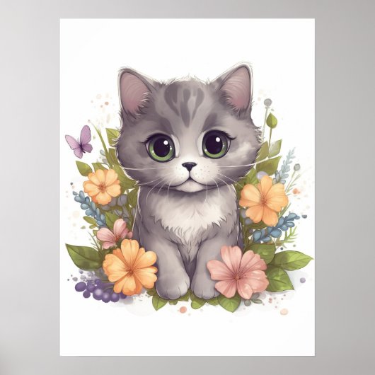 Niedlich Gray Kitty mit Blume Kawaii Chibi Poster (Vorne)