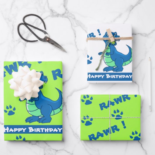 Niedlich Green Blue Dinosaur Paw Rawr Geschenk Geschenkpapier Set (Vorderseite)