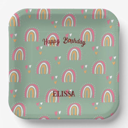 Niedlich Green Boho Rainbow Birthday Individuelle Pappteller (Vorderseite)