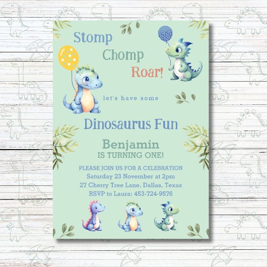 Niedlich Green Boy Dinosaur 1. Geburtstag Party Einladung