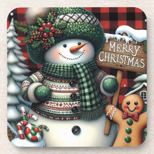 Niedlich Green Christmas Snowman Getränkeuntersetzer (Vorderseite)