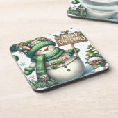 Niedlich Green Christmas Snowman Getränkeuntersetzer (Linke Seite)