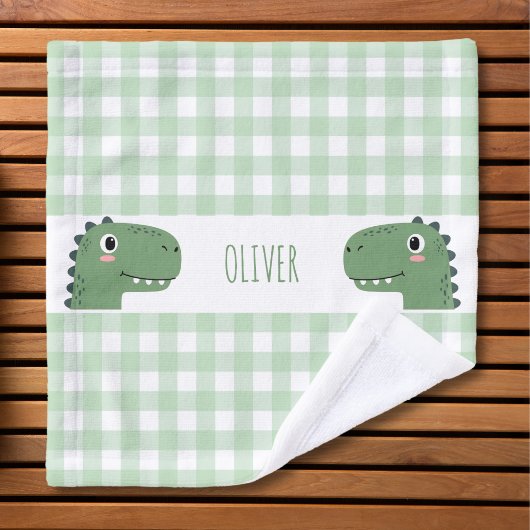 Niedlich Green Dinosaur Head Gingham Name Waschlappen