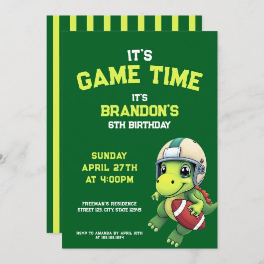 Niedlich Green Football Dinosaurier Kindergeburtst Einladung (Vorne/Hinten)