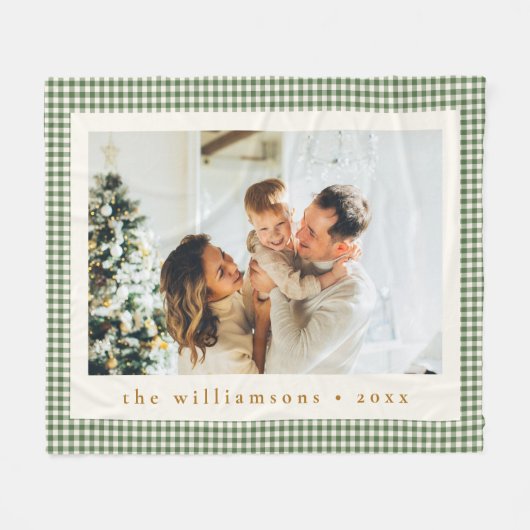 Niedlich Green Gingham Kariert Custom Foto Christm Fleecedecke (Vorderseite (Horizontal))