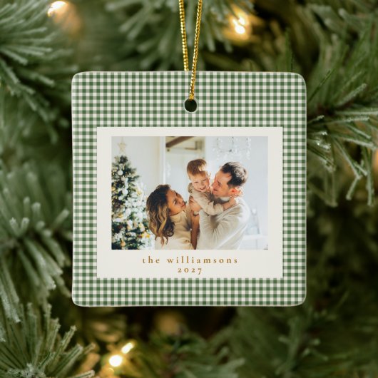 Niedlich Green Gingham Kariert Custom Foto Christm Keramikornament (Baum)