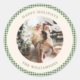 Niedlich Green Gingham Kariert Custom Foto Gruß Runder Aufkleber