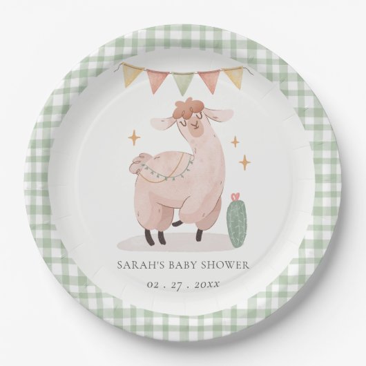 Niedlich Green Kariert Cactus Boho Llama Baby Show Pappteller (Vorderseite)