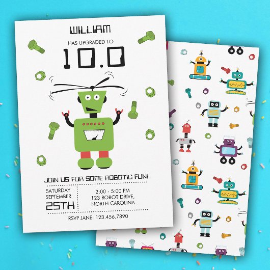 Niedlich Green Robot Theme Kids Roboter Geburtstag Einladung