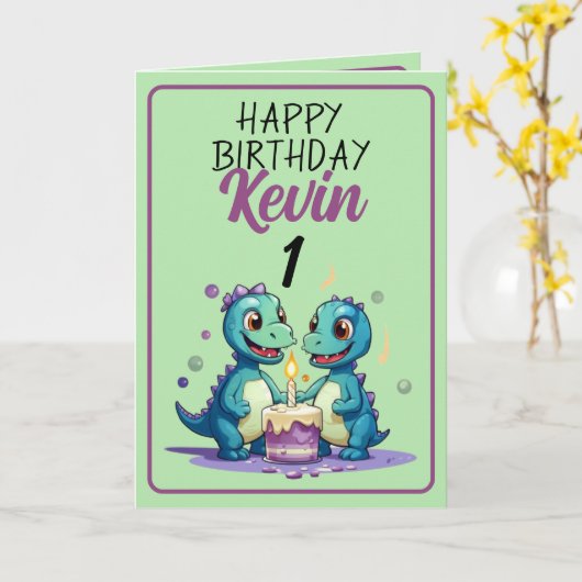 Niedlich Green und Lila Dinosaurier Junge 1. Gebur Karte (Gelbe Blume)