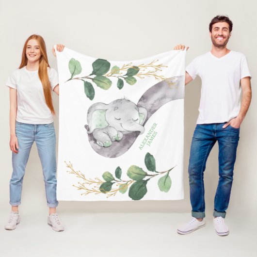 Niedlich Greenery Gold Baby Elephant Boy Kinderzim Fleecedecke (Beispiel)