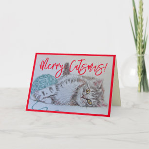 Niedlich Grey Tabby Cat Kitten Art Weihnachtskarte Karte