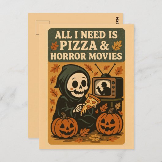 Niedlich Grim Sensenmann Pizza Funny Halloween Postkarte (Vorne/Hinten)