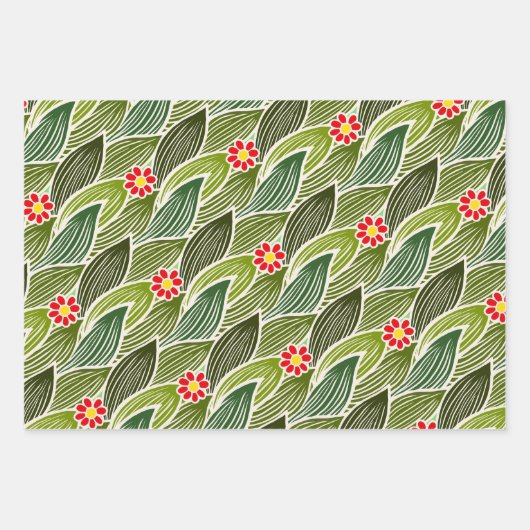 Niedlich Groovy Hippie Red Green Daisy Blumenmuste Geschenkpapier Set (Vorderseite 3)