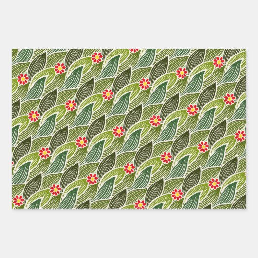 Niedlich Groovy Hippie Red Green Daisy Blumenmuste Geschenkpapier Set (Vorderseite)