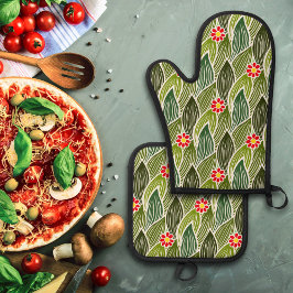 Niedlich Groovy Hippie Red Green Daisy Blumenmuste Ofenhandschuh & Topflappen-Set