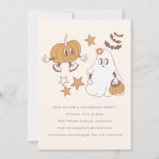 Niedlich Groovy Retro Pumpkin Ghost Halloween-Part Einladung (Vorderseite)