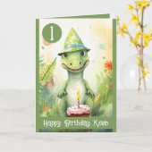 Niedlich-grün-weißer Jungle-Trex-Junge 1. Geburtst Karte (Gelbe Blume)