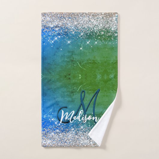 Niedlich-grünblaue Imitate Glitzer Monogramm Badhandtuch Set (Handtuch)