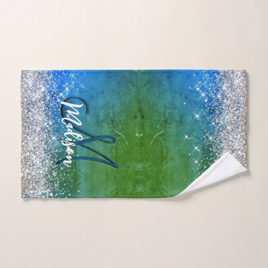 Niedlich-grünblaue Imitate Glitzer Monogramm Badhandtuch Set (Handtuch)