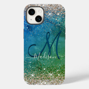 Niedlich-grünblaue Imitate Glitzer Monogramm Case-Mate iPhone 14 Hülle