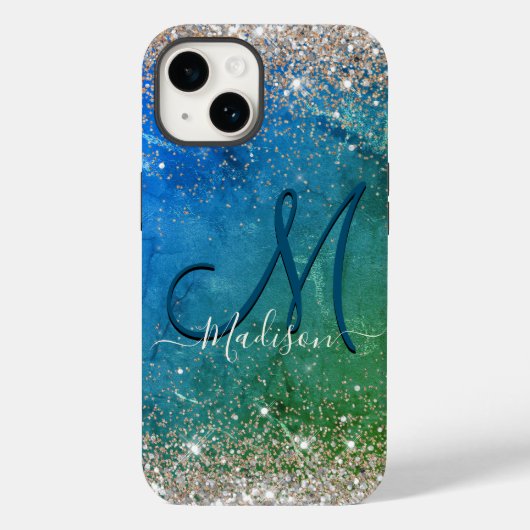 Niedlich-grünblaue Imitate Glitzer Monogramm Case-Mate iPhone Hülle (Rückseite)