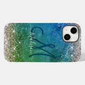 Niedlich-grünblaue Imitate Glitzer Monogramm Case-Mate iPhone Hülle (Rückseite (Horizontal))