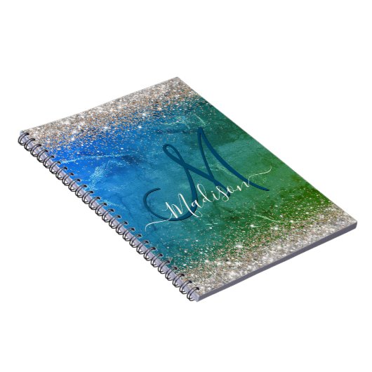 Niedlich-grünblaue Imitate Glitzer Monogramm Notizblock (Rechte Seite)