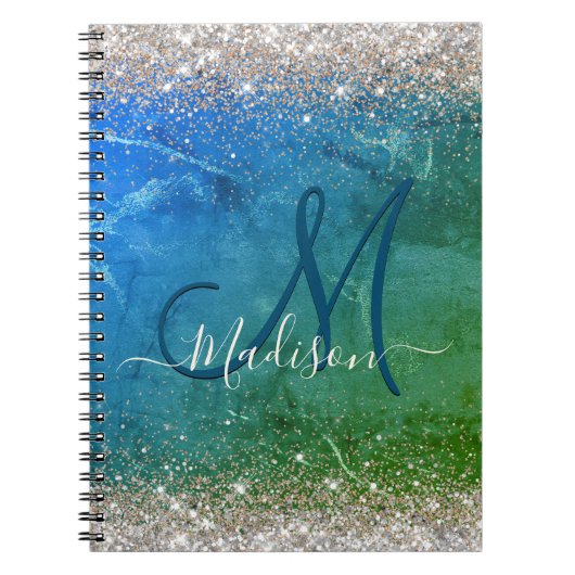 Niedlich-grünblaue Imitate Glitzer Monogramm Notizblock (Vorderseite)