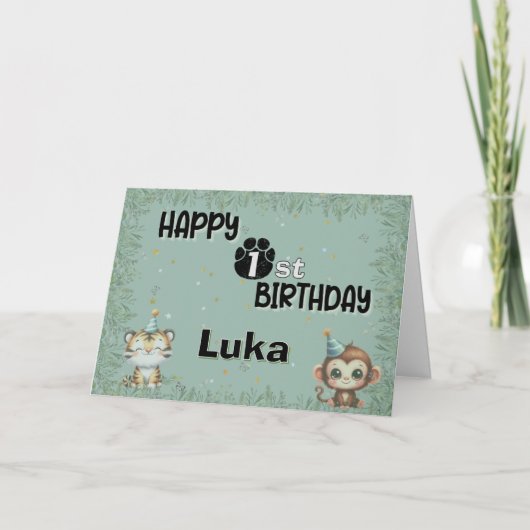 Niedlich Grüne 1. Wilde Safari Geburtstag Einladung (Vorderseite)