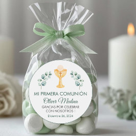 Niedlich Grüne Blätter Erste Kommune Spanisch Runder Aufkleber