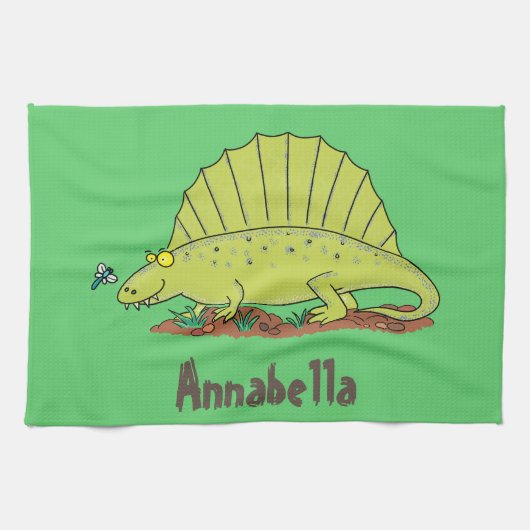 Niedlich-grüne Dimetrodon-Cartoon Geschirrtuch (Horizontal)