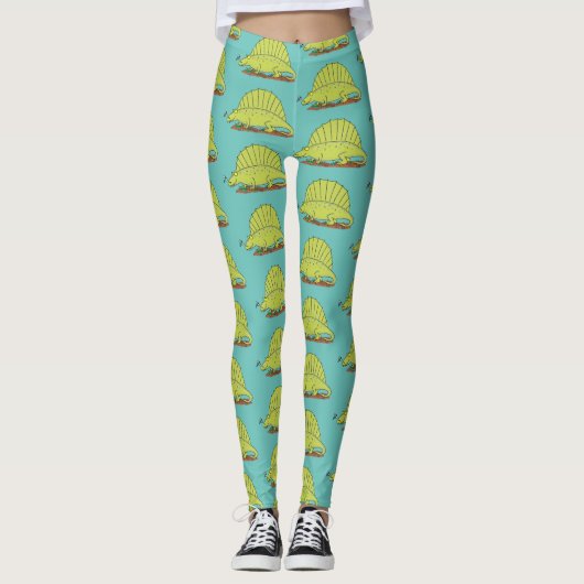 Niedlich-grüne Dimetrodon-Cartoon Leggings (Vorderseite)