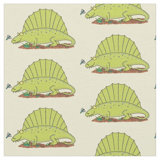 Niedlich-grüne Dimetrodon-Cartoon Stoff (Nahaufnahme)