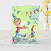 niedlich-grüne Little Birthday Boy Illustration Karte (Gelbe Blume)