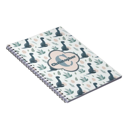 Niedlich-grüner Dinosaurier mit Monogramm und Name Notizblock (Rechte Seite)