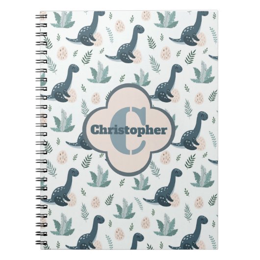 Niedlich-grüner Dinosaurier mit Monogramm und Name Notizblock (Vorderseite)