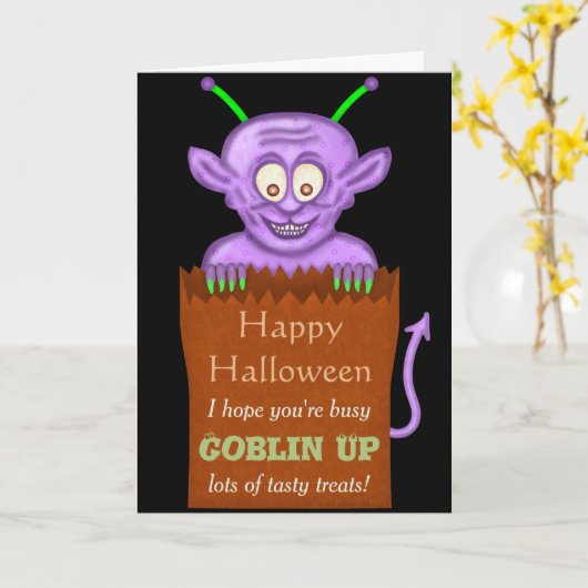 Niedlich Halloween Funny Lila Goblin Cartoon Puff Karte (Gelbe Blume)