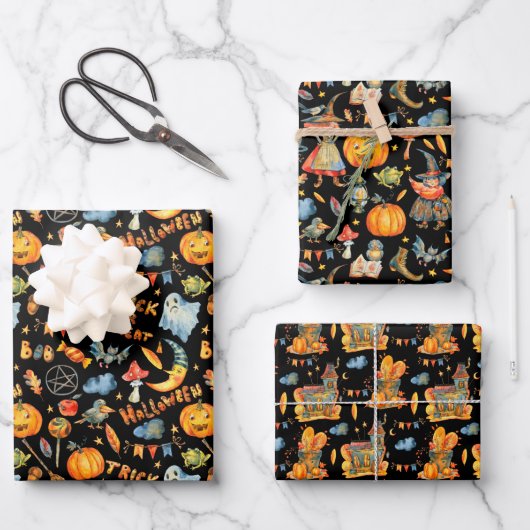 Niedlich Halloween | Hexen Pumpkins Geister Spuk Geschenkpapier Set (Vorderseite)