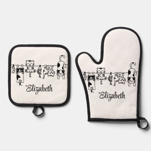 Niedlich Hanging Kittens Individuelle Name Ofenhandschuh & Topflappen-Set (Vorderseite)
