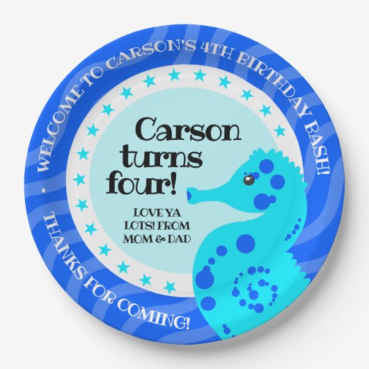 Niedlich Happy Birthday Boy Blue Seepferd on Waves Pappteller (Vorderseite)