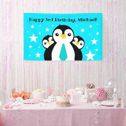 Niedlich Happy Birthday Boy Penguins Blue Neckties Banner (Party)