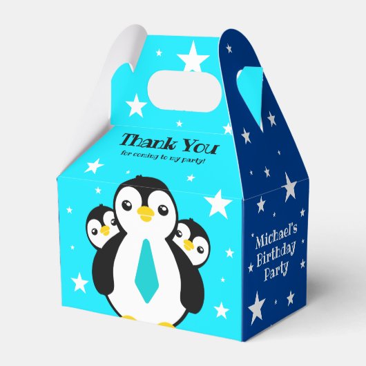 Niedlich Happy Birthday Boy Penguins Blue Neckties Geschenkschachtel (Vorderseite)