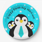 Niedlich Happy Birthday Boy Penguins Blue Neckties Pappteller (Vorderseite)