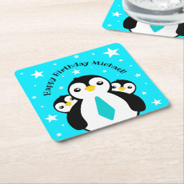 Niedlich Happy Birthday Boy Penguins Blue Neckties Rechteckiger Pappuntersetzer